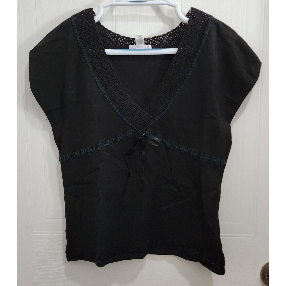 Loft Women's Sleeveless V Neck Crochet Trim Knit Top Y2K Style Black Size Medium